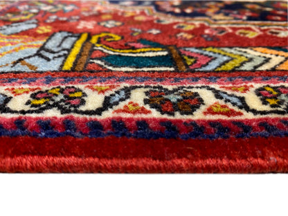 Poshti rug 65x61 cm close-up of the border: red, blue, and multicolored ornaments