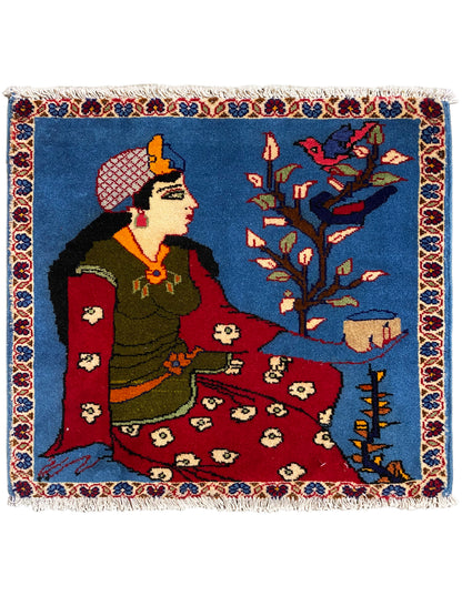 Poshti rug 65x63 cm with an oriental design, blue background, and fringes