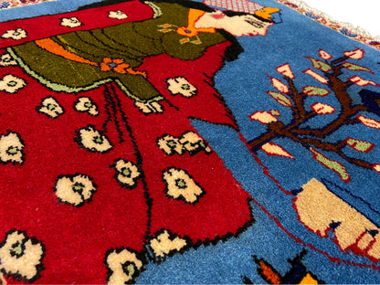 Poshti rug 65x63 cm detail view: red patterned field, floral ornaments, and blue branches