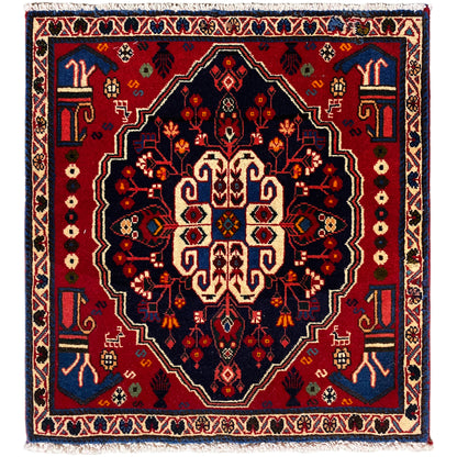Rug with a red, blue, and beige ornamental pattern, square, 68x64 cm