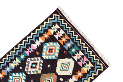 Handgewebter Wollen Kelim Dhurrie Teppich - 240x170cm (8x6ft) - Lebhaftes Tribal-Muster - German Carpet Shop