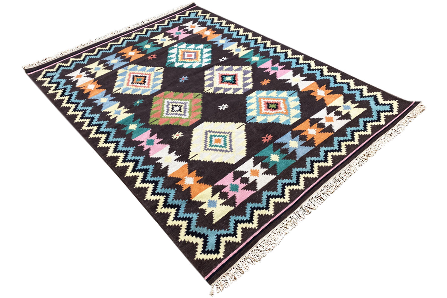 Handgewebter Wollen Kelim Dhurrie Teppich - 240x170cm (8x6ft) - Lebhaftes Tribal-Muster - German Carpet Shop
