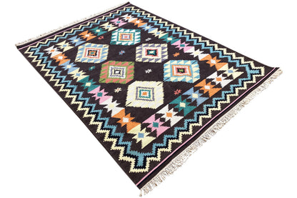 Handgewebter Wollen Kelim Dhurrie Teppich - 240x170cm (8x6ft) - Lebhaftes Tribal-Muster - German Carpet Shop