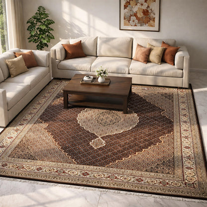 Wohnzimmer Klassischer Indo Tabriz Teppich mit feinem Medaillonmuster 346x247 cm