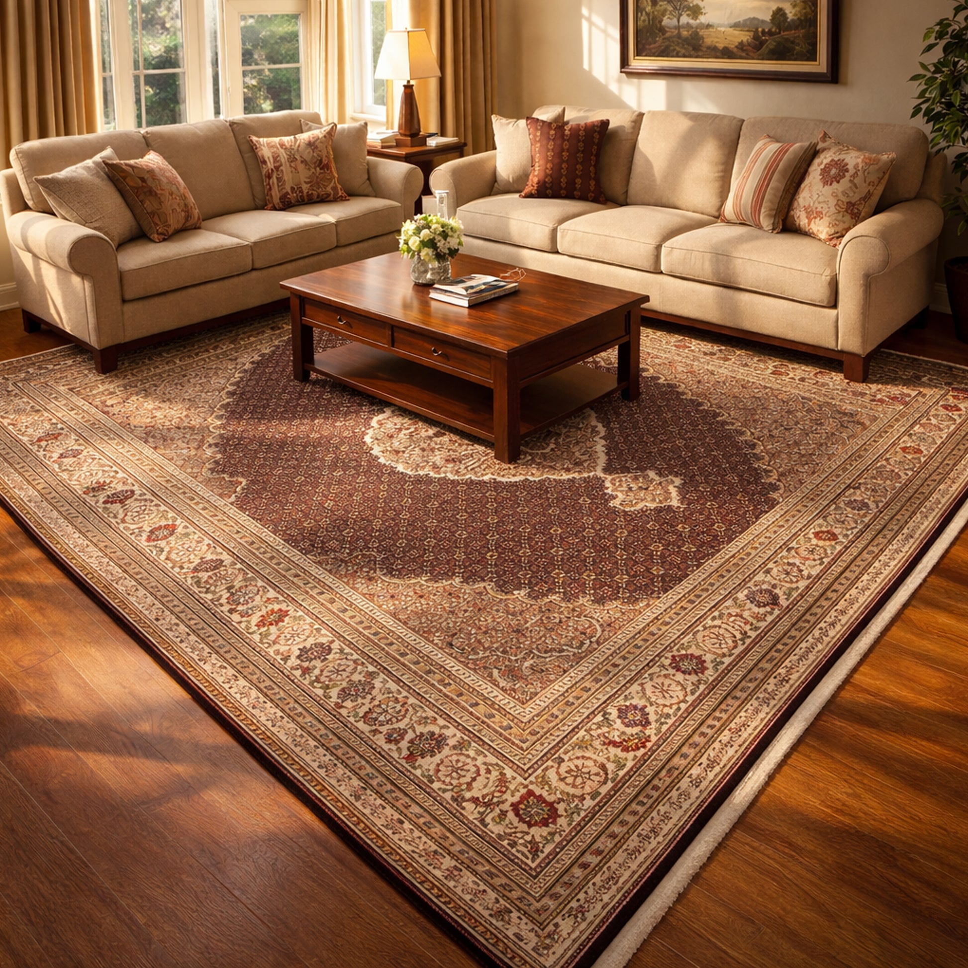 Wohnzimmer Klassischer Indo Tabriz Orientteppich mit Medaillon Muster in Braun 348x253 cm