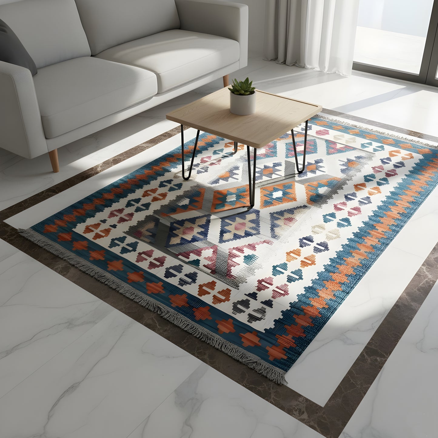 Wohnzimmer Blauer Qashqai Kelim mit geometrischem Rautenmuster und bunten Akzenten