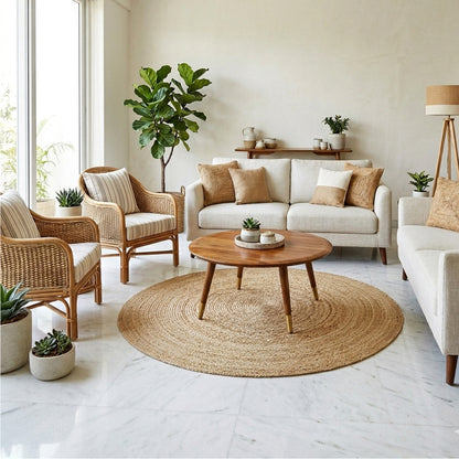 Wohnzimmer-Handwoven natural beige jute rug round 120x120 cm eco friendly design
