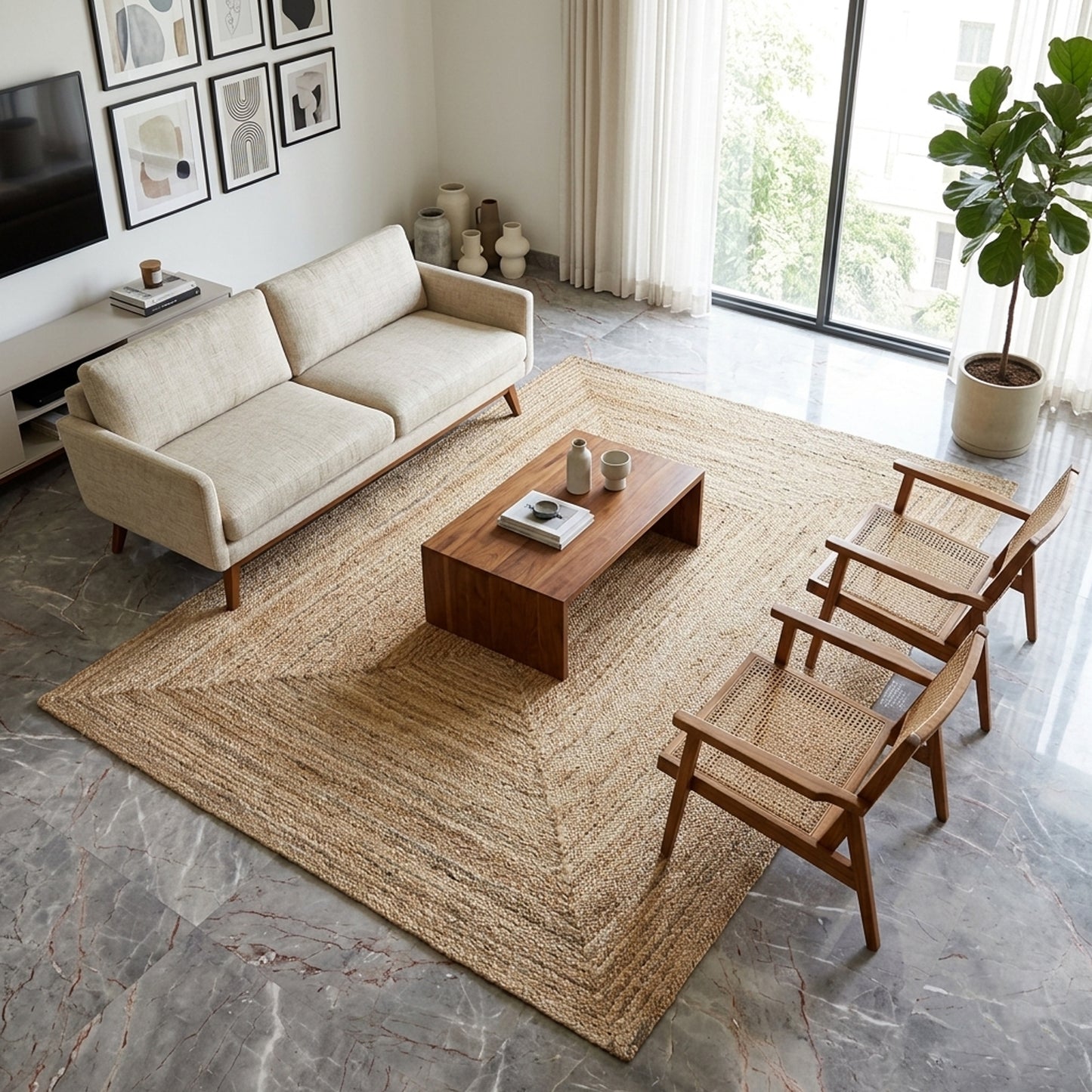 Wohnzimmer-Handwoven jute rug beige 160x230 cm with natural texture and geometric pattern
