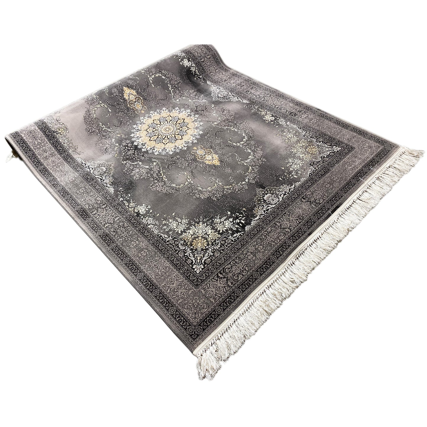 Detailansicht des Medaillon-Musters auf dem grauen Teppich, 100% Polypropylen