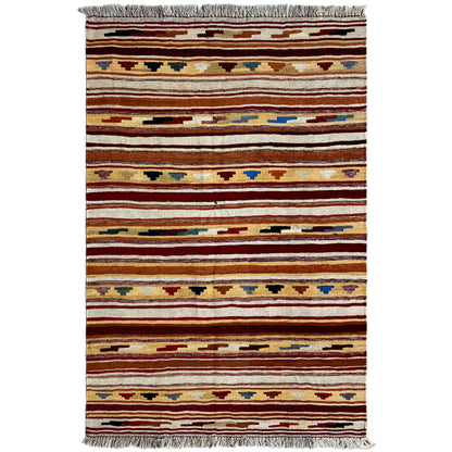 Handgewebter Kelim Qashqai Teppich 155x99 cm in Braun Beige mit Streifenmuster