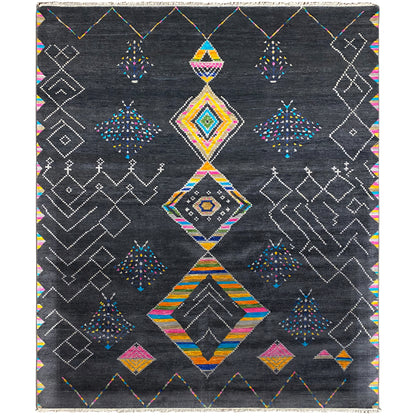 Handgeknüpfter schwarzer Designer Teppich mit buntem geometrischem Muster