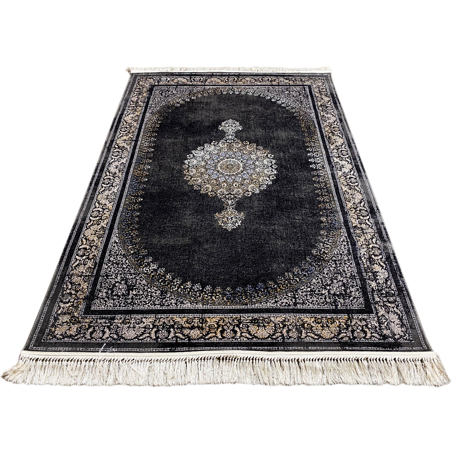 Gewebter Teppich Orientstil Schwarz Grau 160x230 mit ovalem Feld

