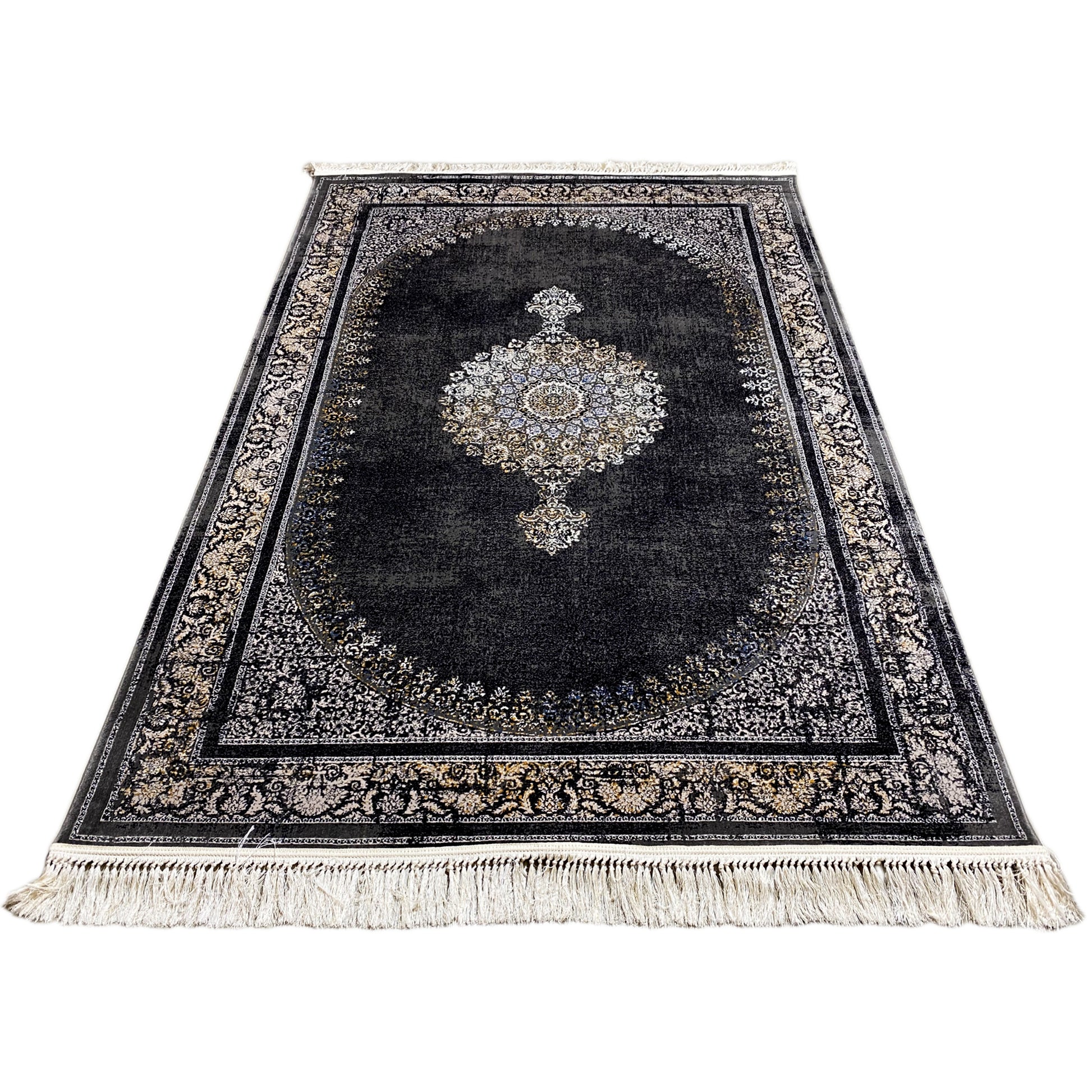 Gewebter Teppich Orientstil Schwarz Grau 160x230 mit ovalem Feld

