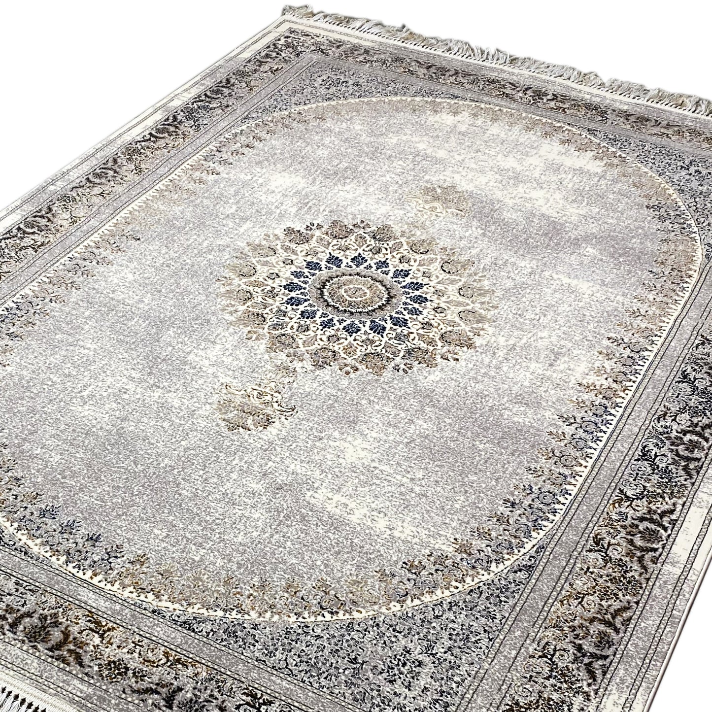 Teppich in Beige und Grau, mit zentralem Medaillon, ideal für das Schlafzimmer