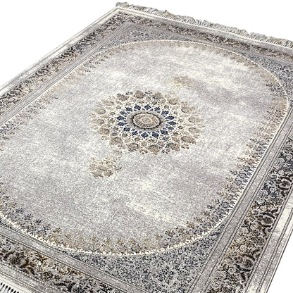 Teppich in Beige und Grau, mit zentralem Medaillon, ideal für das Schlafzimmer