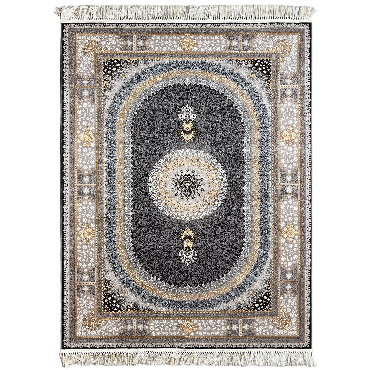 Gewebter Teppich aus Polypropylen in Grau und Silber mit klassischem Medaillon-Muster