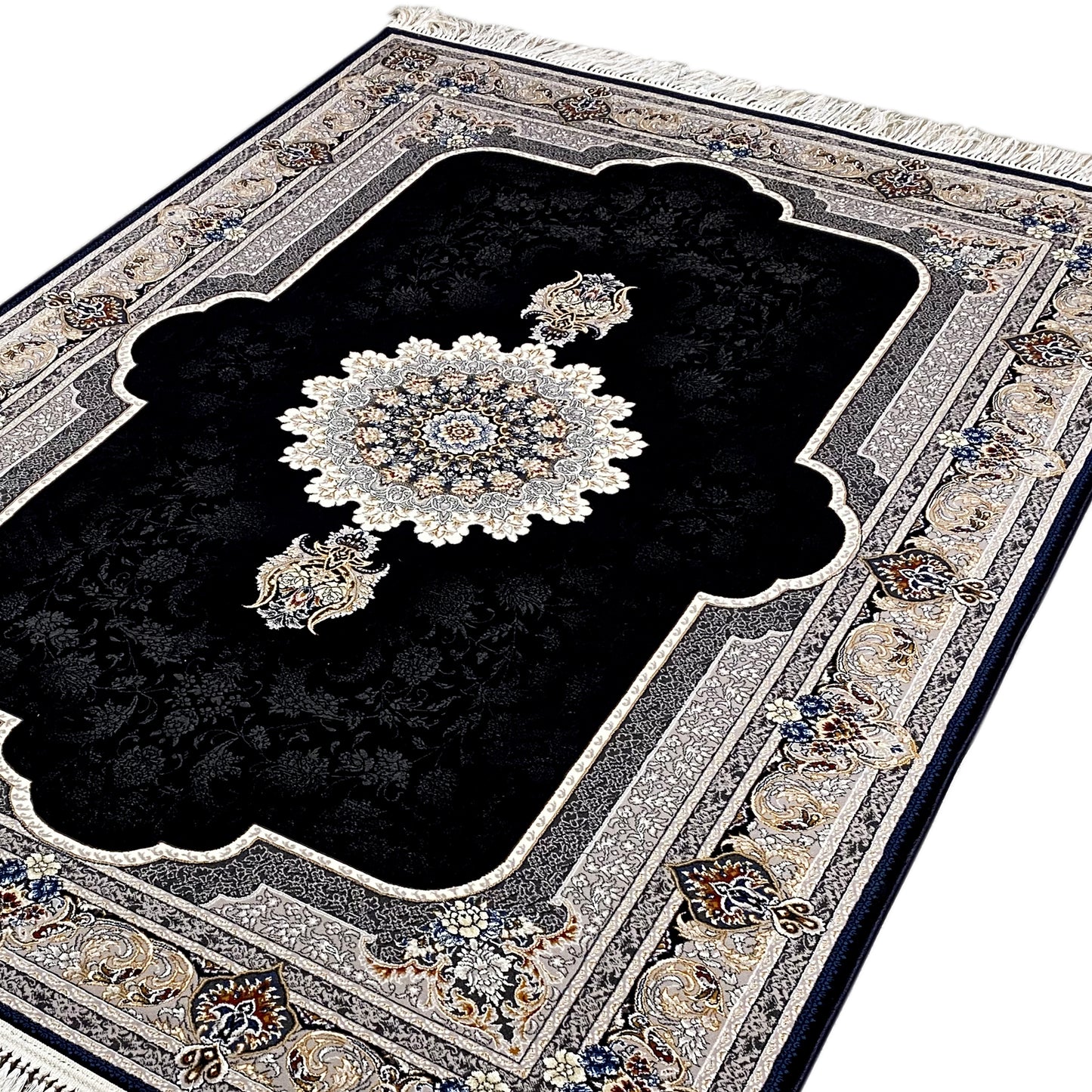 Detail der Bordüre auf dem eleganten orientalischen Teppich in Schwarz