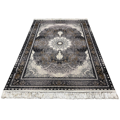 Gewebte teppich kaufen, klassisch orientalischer Stil, schwarz grau creme Farben, formeller Essbereich.