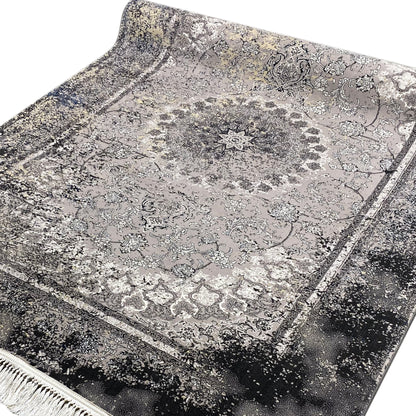 Strapazierfähiger maschinengewebter Teppich, Vintage Used-Stil, neutrale Grau-Schwarz-Farbe, für Wohnungen.