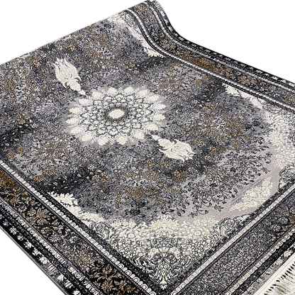 Schwarzer Wohnzimmerteppich, Grau- und Creme-Details, pflegeleichtes Polypropylen, moderne Wohndeko.