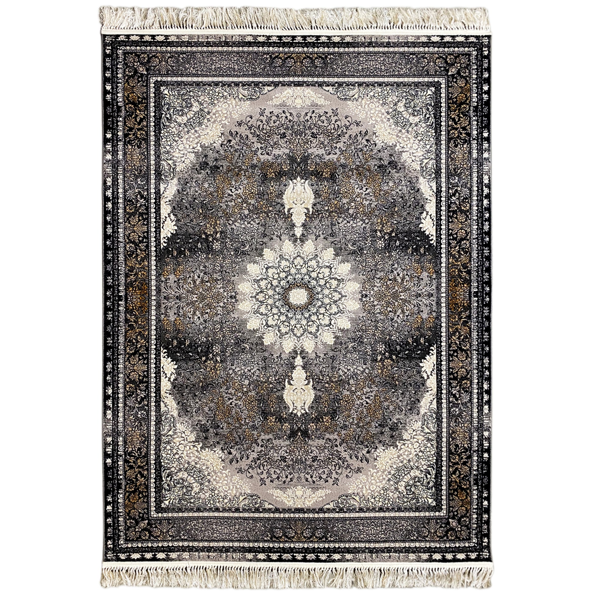 Maschinengewebter Teppich, Polypropylen-Flor, schwarz-graues traditionelles Medaillon, elegantes Wohnzimmer.