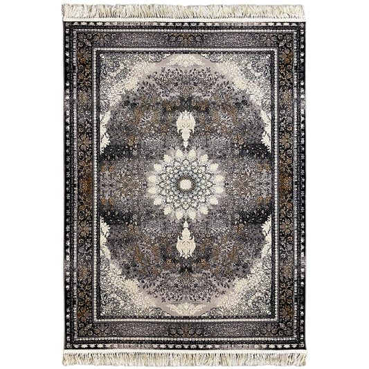 Maschinengewebter Teppich, Polypropylen-Flor, schwarz-graues traditionelles Medaillon, elegantes Wohnzimmer.