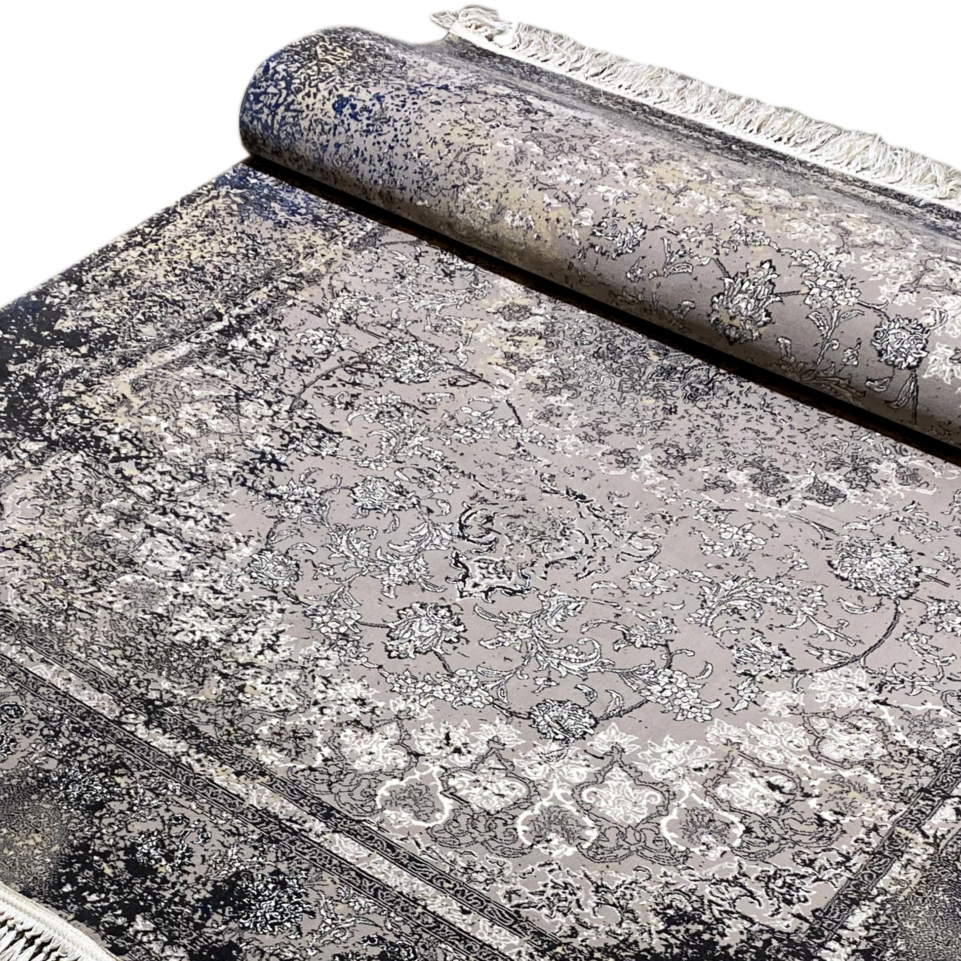 Gewebte teppich, Vintage-Look, Grau und Schwarz, verleiht Esszimmer-Dekor Luxus.