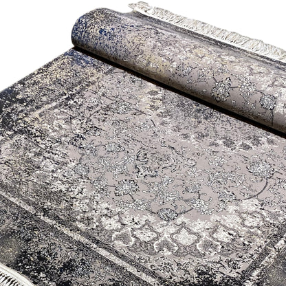 Gewebte teppich, Vintage-Look, Grau und Schwarz, verleiht Esszimmer-Dekor Luxus.