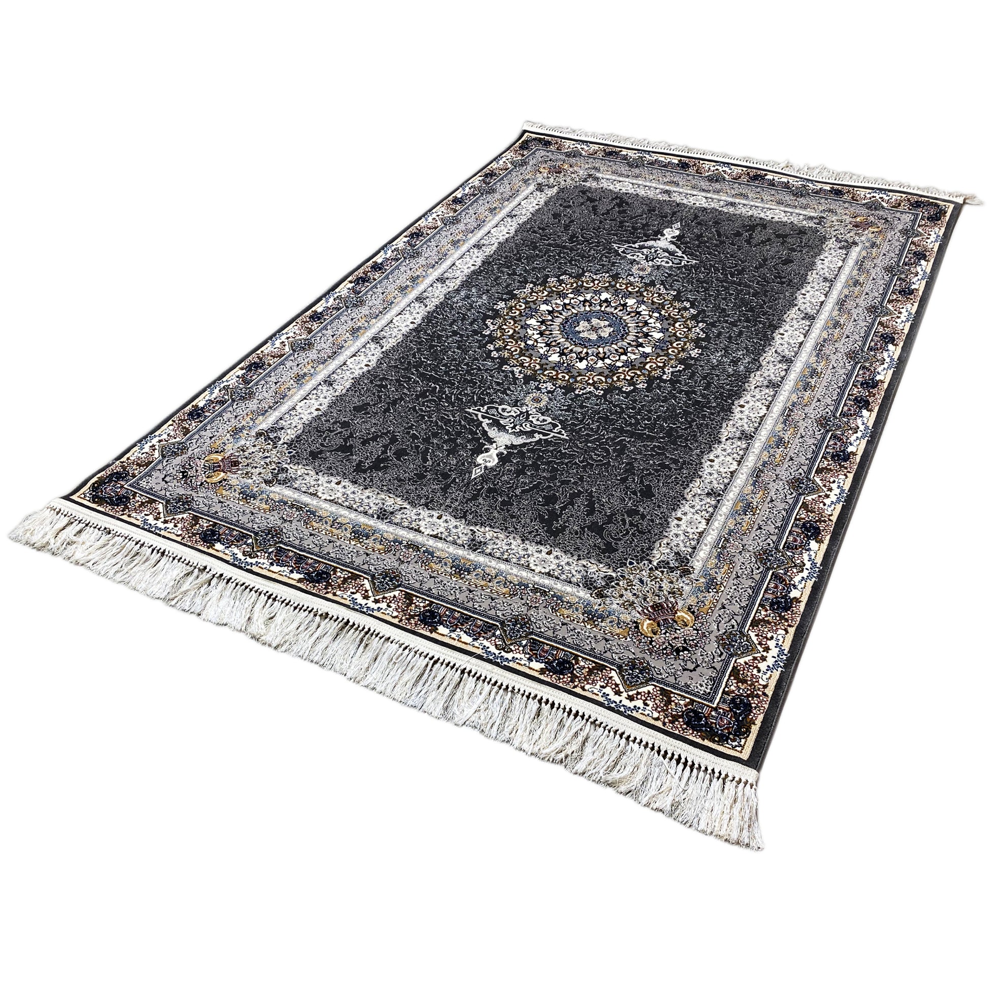 Gewebter Teppich kaufen dunkel elegant Anthrazit Medaillon.