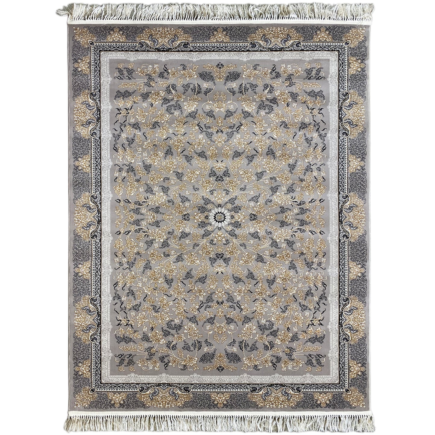 Gewebter Teppich aus Polypropylen, floral in Grau/Beige für Wohnzimmer, Design Rom.