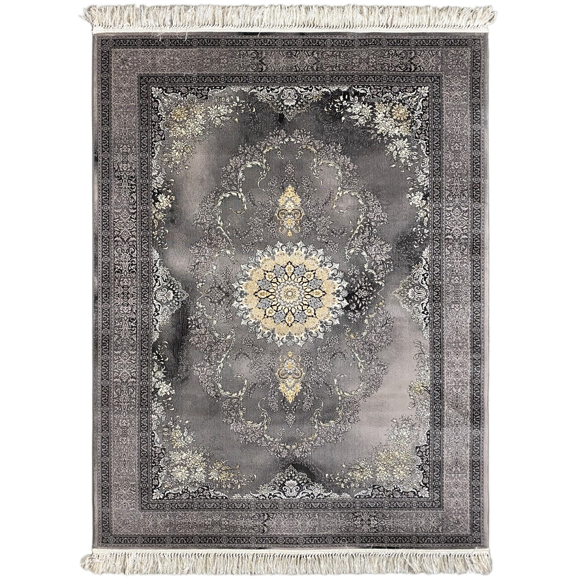 Grauer gewebter Teppich aus Polypropylen mit orientalischem Medaillon-Muster