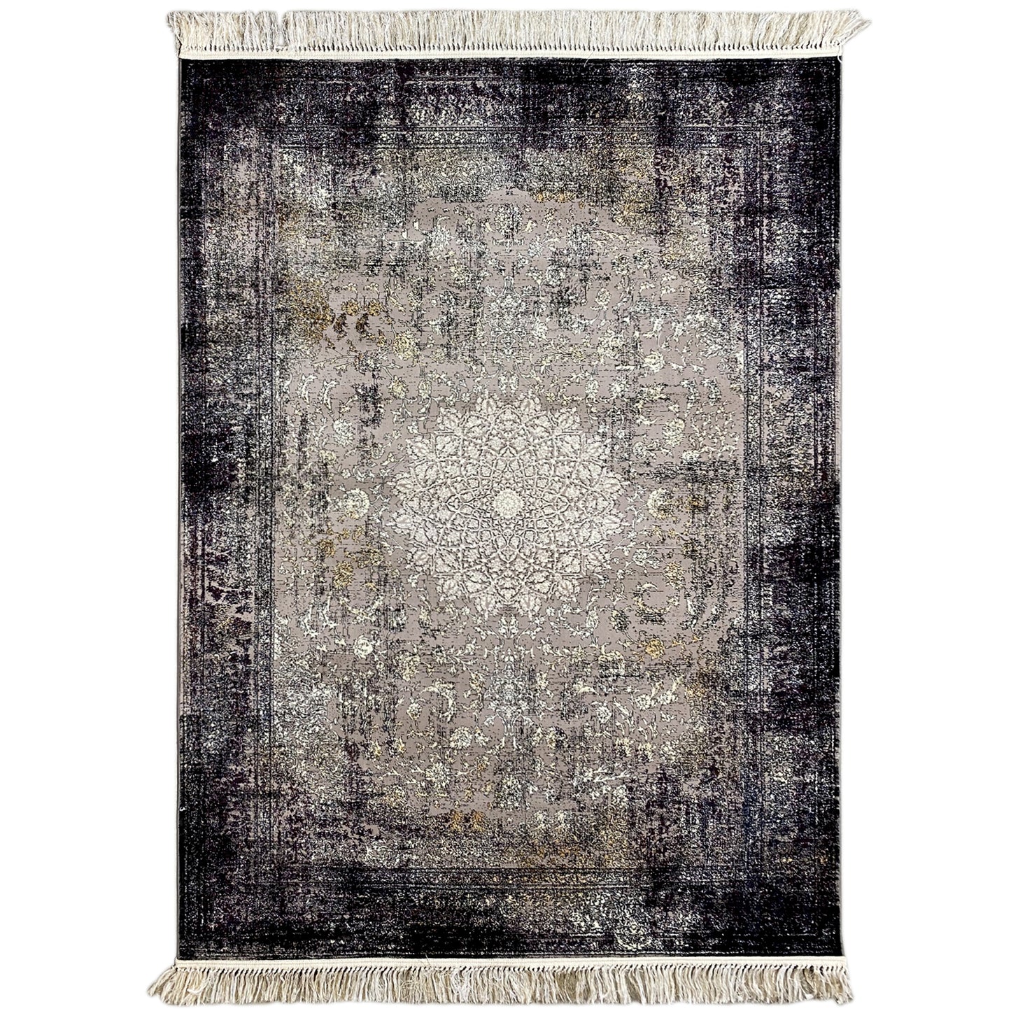 Gewebter Teppich aus Polypropylen in Grau und Schwarz mit Vintage Medaillon-Muster