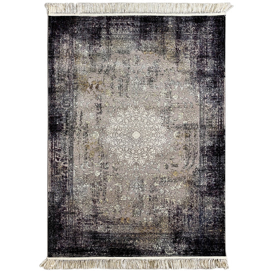 Gewebter Teppich aus Polypropylen in Grau und Schwarz mit Vintage Medaillon-Muster