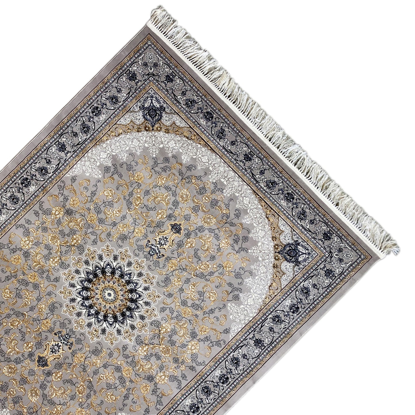 Teppich 160x230 klassisch Grau mit Goldakzenten.