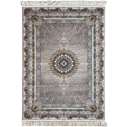 Gewebter Teppich aus Polypropylen in Anthrazit mit floralem Medaillon, ideal fürs Wohnzimmer.