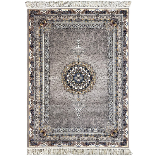 Gewebter Teppich aus Polypropylen in Anthrazit mit floralem Medaillon, ideal fürs Wohnzimmer.