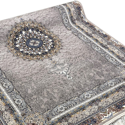 Robuster Teppich Noah aus synthetischem Garn mit traditionellem Medaillon-Muster in Dunkelgrau.