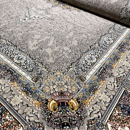 Orientalisch inspirierter Teppich 160x230cm in Anthrazit-Beige mit detailreicher Bordüre, maschinell gewebt.