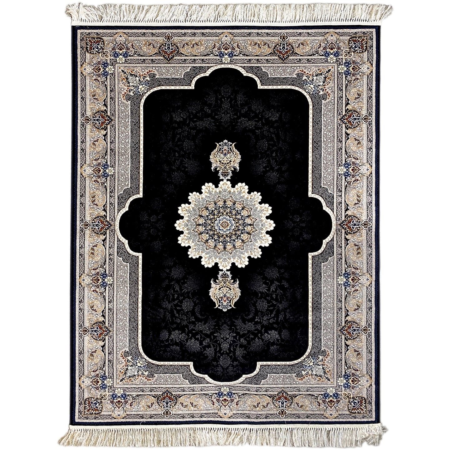 Woven Teppich aus Polypropylen mit orientalischem Mihrab-Muster in Schwarz und Creme