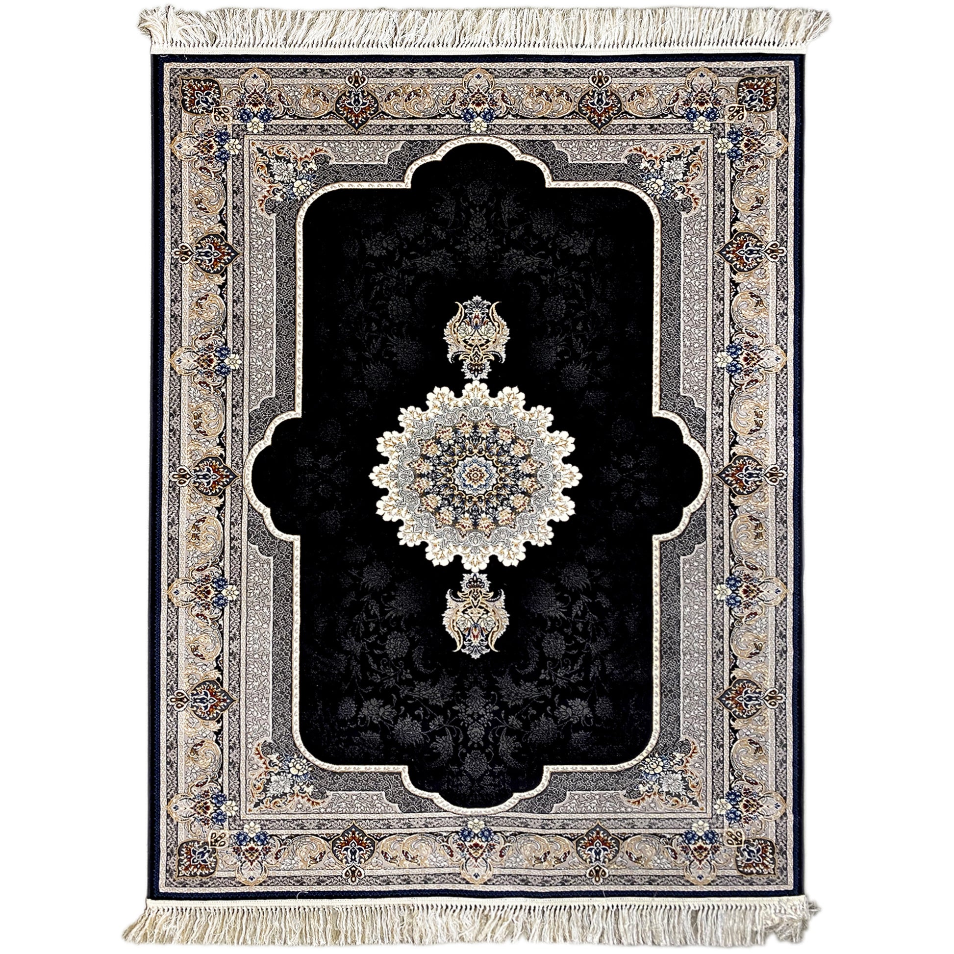 Woven Teppich aus Polypropylen mit orientalischem Mihrab-Muster in Schwarz und Creme