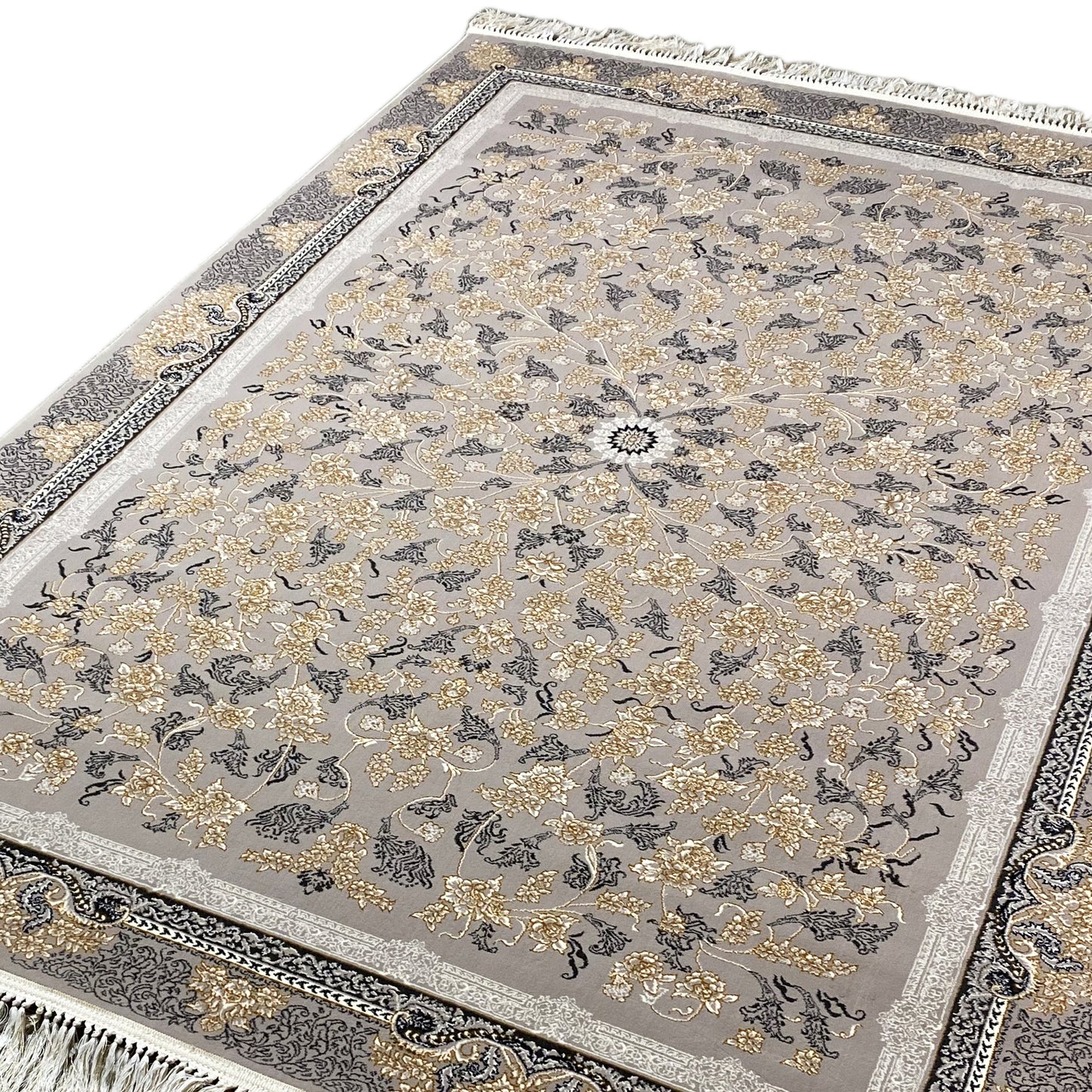 Wohnzimmer Teppich maschinell gewebt, Medaillon Design in Grau/Gold, Rom Look.