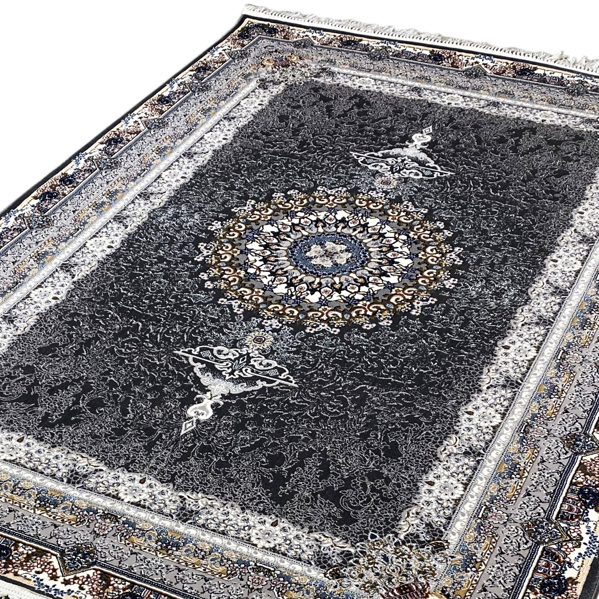 Teppich 160x230 klassisch Schwarz mit Fransen.