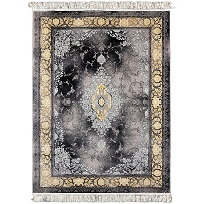 Gewebter Teppich aus Polypropylen in Schwarz und Gold mit klassischem Medaillon-Muster