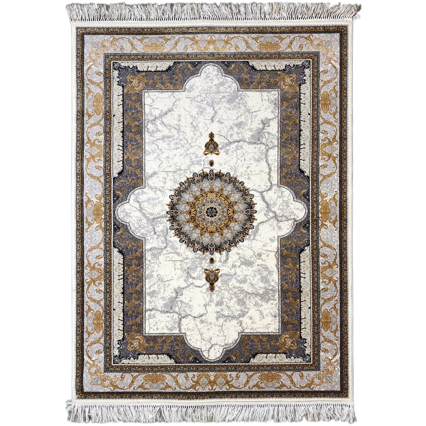 Woven Teppich aus Polypropylen im klassischen Medaillon-Muster in Creme und Grau