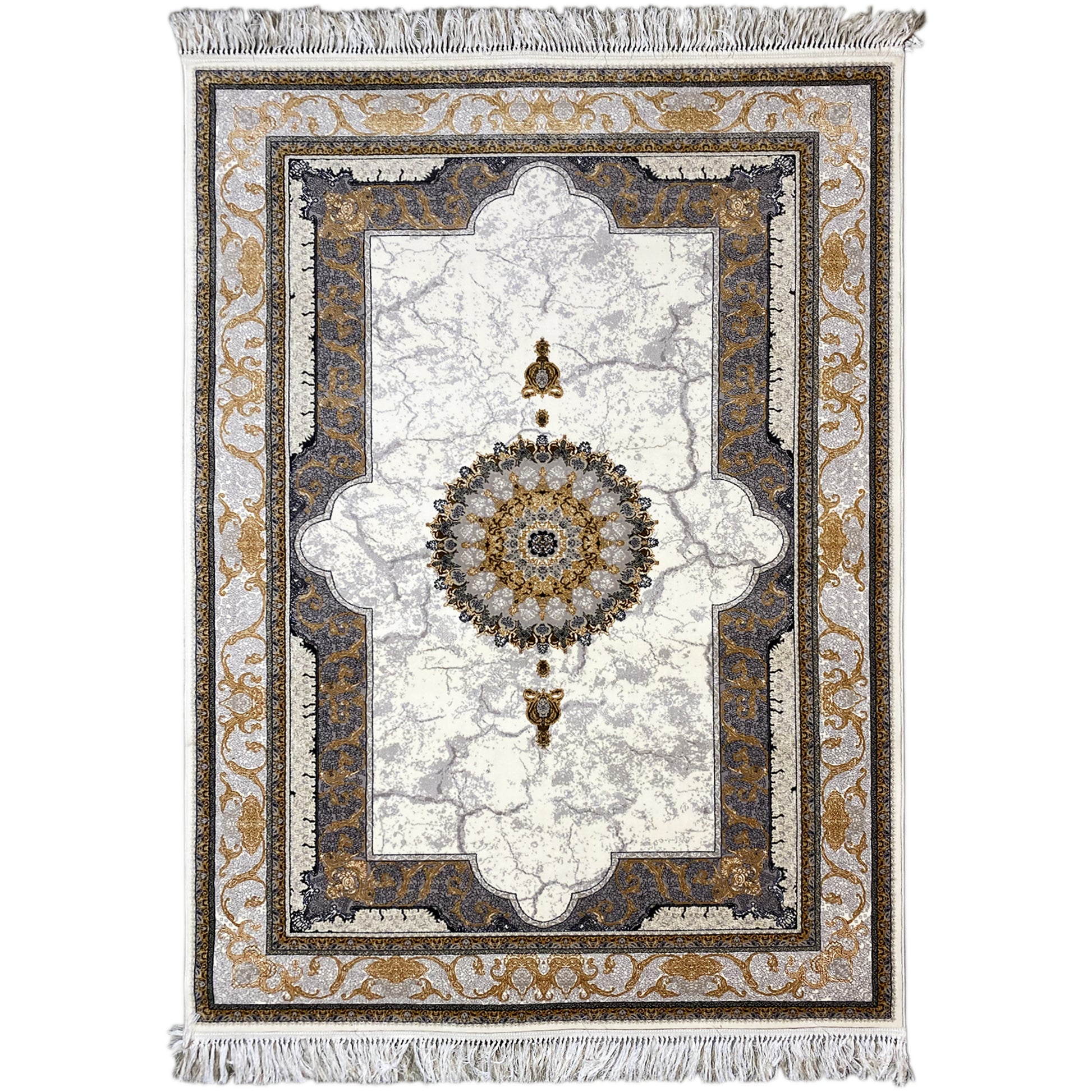 Woven Teppich aus Polypropylen im klassischen Medaillon-Muster in Creme und Grau