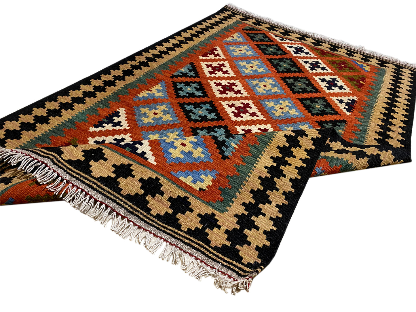 Handversponnene Wolle Kelim Teppich orange im Tribal Design 155x101 cm