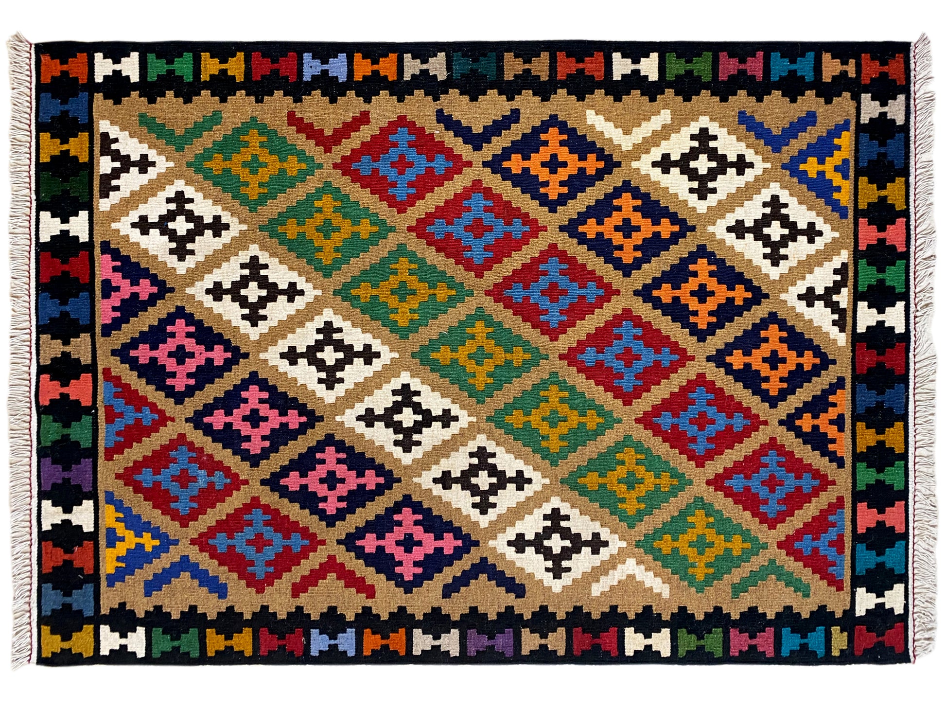 Handgewebter Ethno Teppich Kelim beige mit farbigen geometrischen Motiven