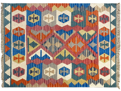 Geometrischer Kelim Qashqai Teppich, Naturfarben und kräftiges Blau