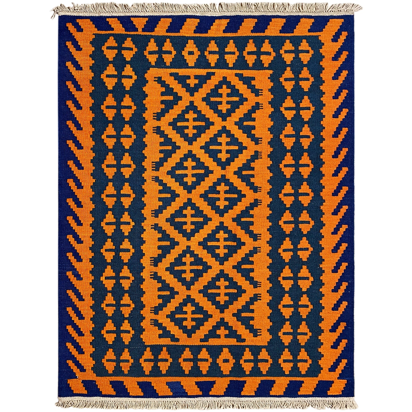 Handgewebter Kelim Qashqai Teppich in Blau und Orange mit Rautenmustern