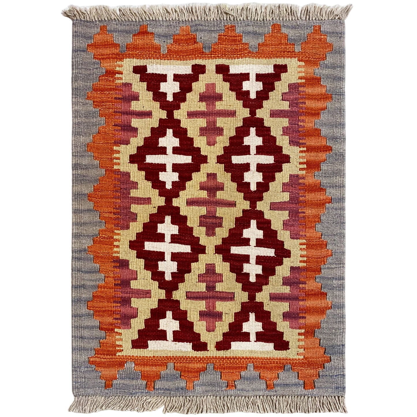 Handgewebter Qashqai Kelim Teppich rot beige mit Medaillon Muster 89x59 cm